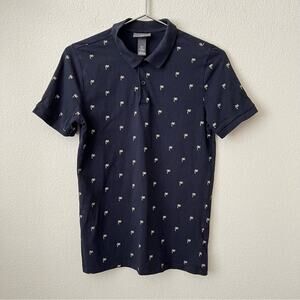 H&M Palm Tree Print Short Sleeve Navy Blue Polo Top